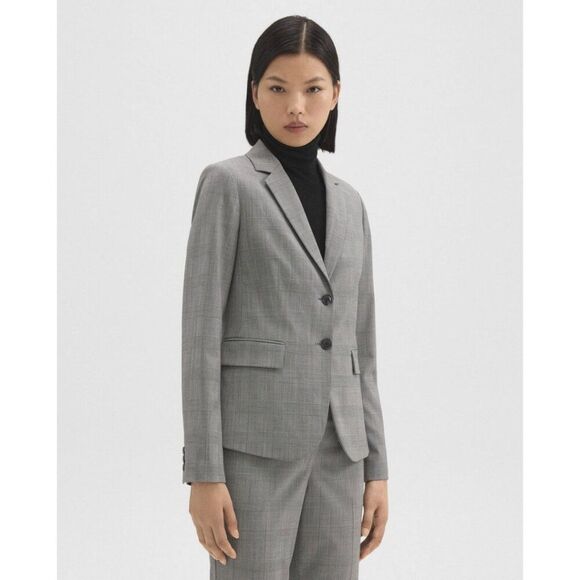 Theory Carissa Women's 8 Slim Tartan Plaid Wool Gray Two Button Blazer - Picture 4 of 15